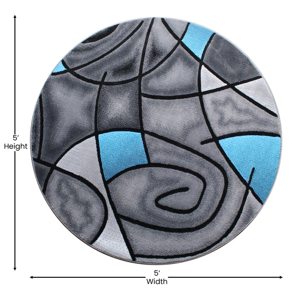 Blue,5' Round |#| Abstract Style Round Accent Area Rug with Blue and Gray Design - 5' x 5'