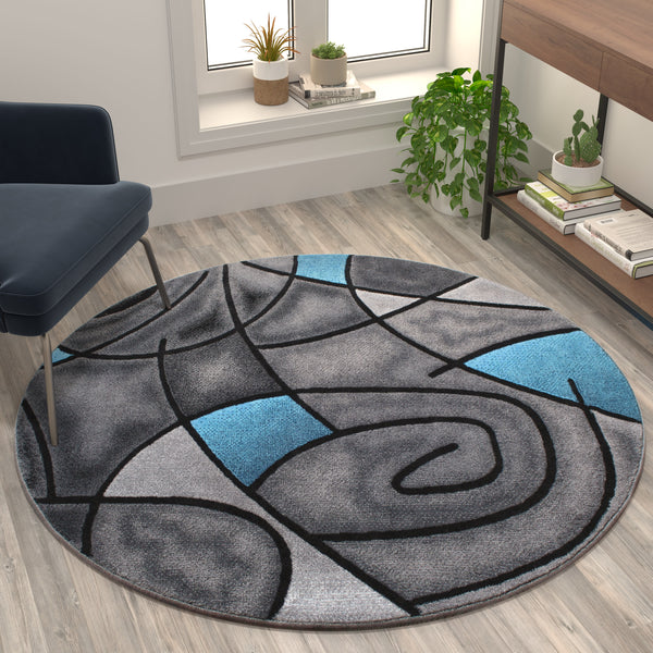 Blue,5' Round |#| Abstract Style Round Accent Area Rug with Blue and Gray Design - 5' x 5'