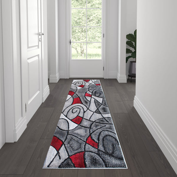 Red,2' x 7' |#| Abstract Design Hallway Runner Accent Rug - Red and Gray - 2' x 7'