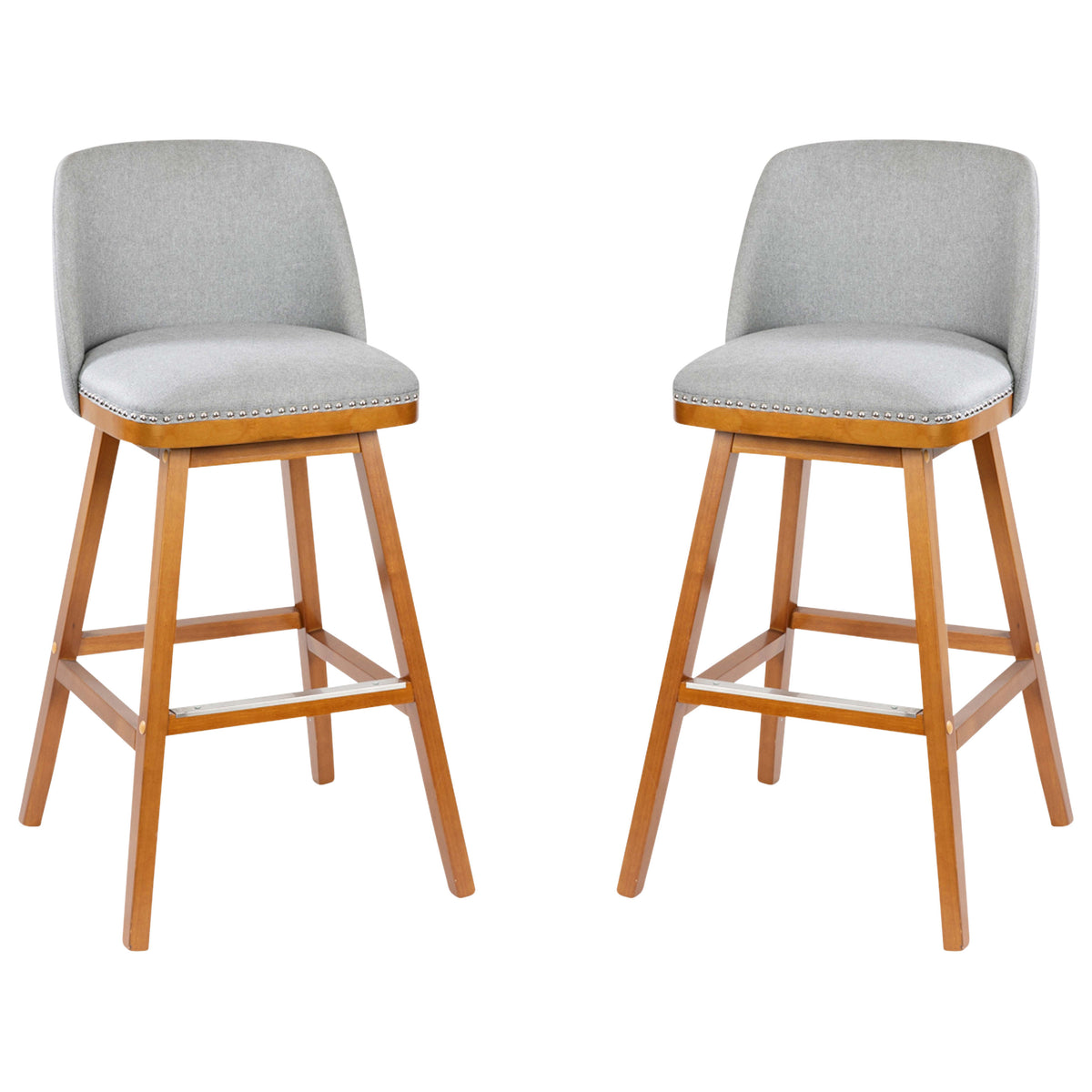 Gray Faux Linen |#| 2 Pack Commercial Walnut Finish Wood Barstools with Nail Trim-Gray Faux Linen
