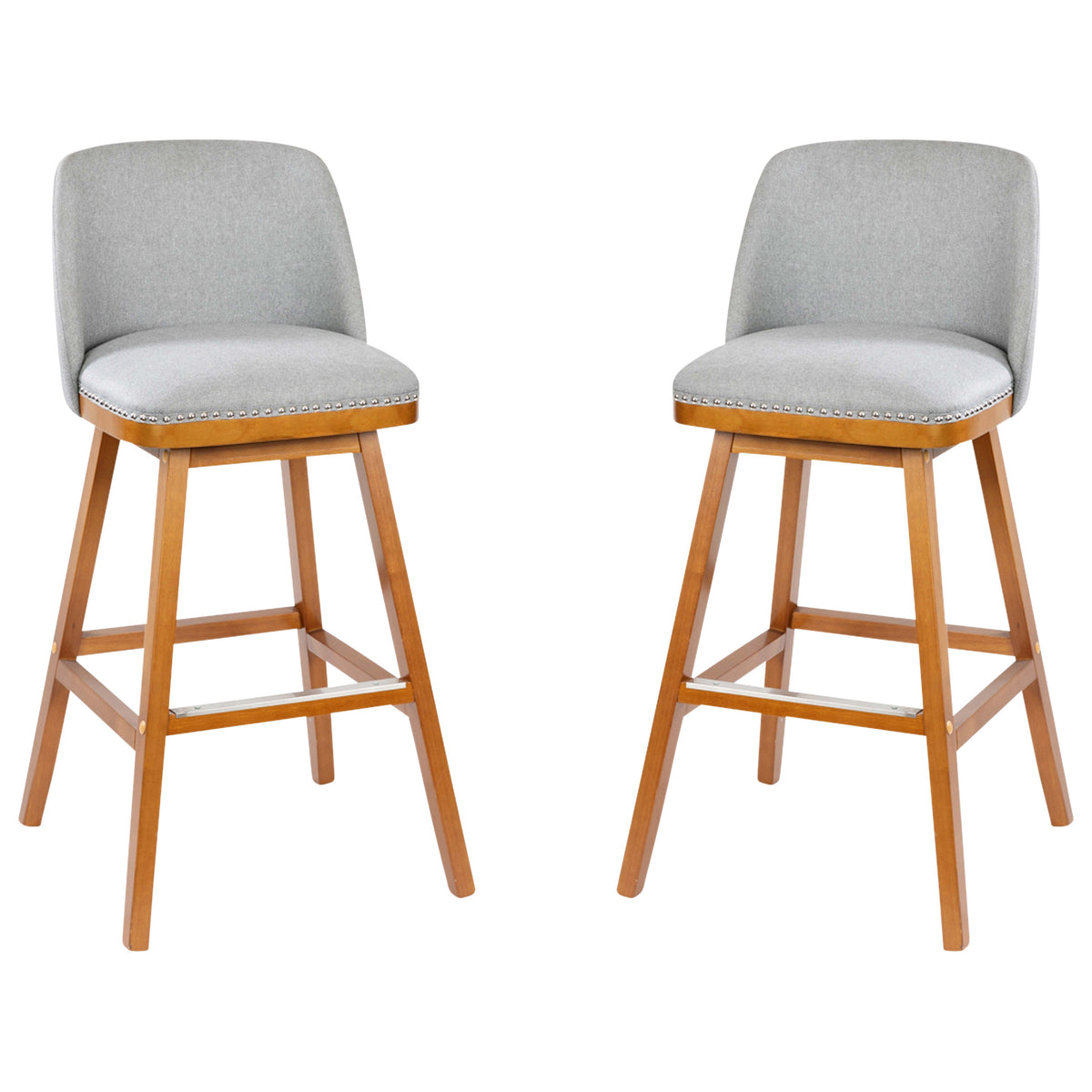 Gray Faux Linen |#| 2 Pack Commercial Walnut Finish Wood Barstools with Nail Trim-Gray Faux Linen