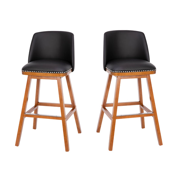 Black LeatherSoft |#| 2 Pack Commercial Walnut Finish Wood Barstools with Nail Trim-Black LeatherSoft