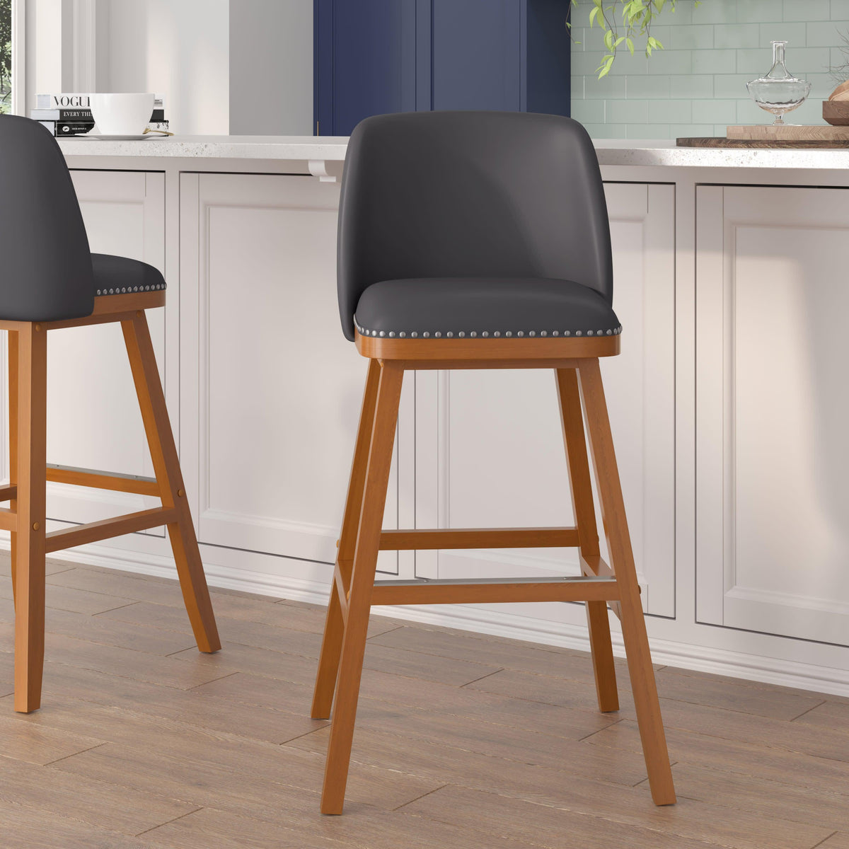 Gray LeatherSoft |#| 2 Pack Commercial Walnut Finish Wood Barstools with Nail Trim-Gray LeatherSoft