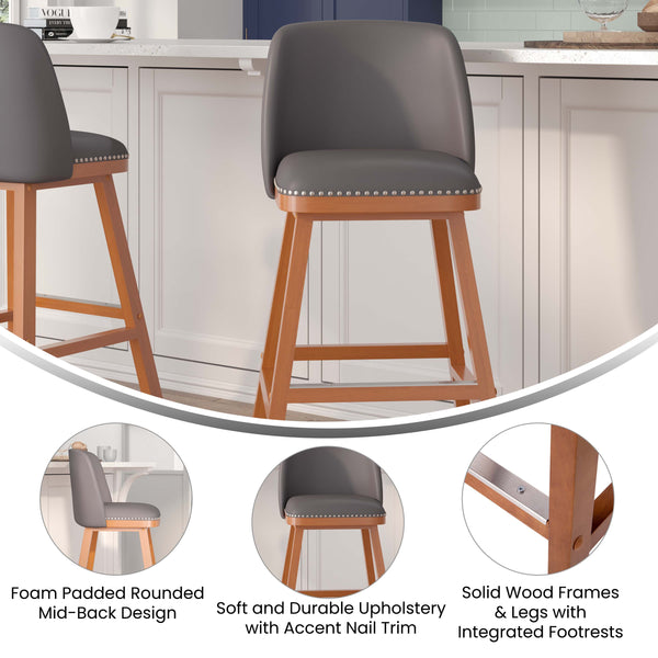 Gray LeatherSoft |#| 2 Pack Commercial Walnut Finish Wood Barstools with Nail Trim-Gray LeatherSoft