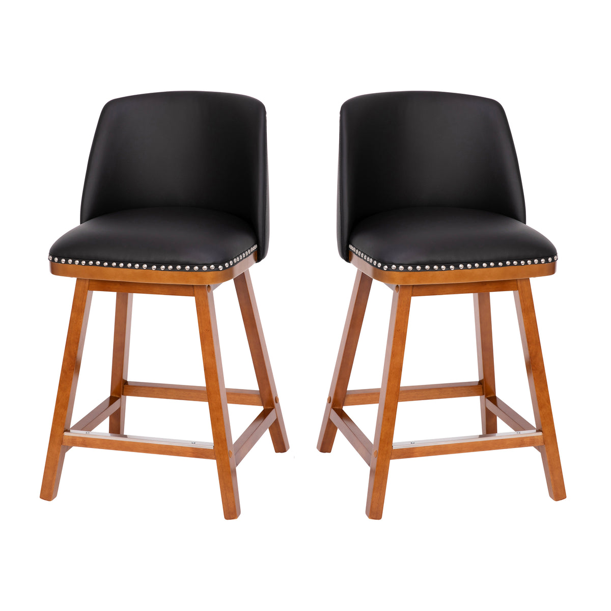 Black LeatherSoft |#| 2 PK Commercial Walnut Finish Wood Counter Stools - Nail Trim-Black LeatherSoft