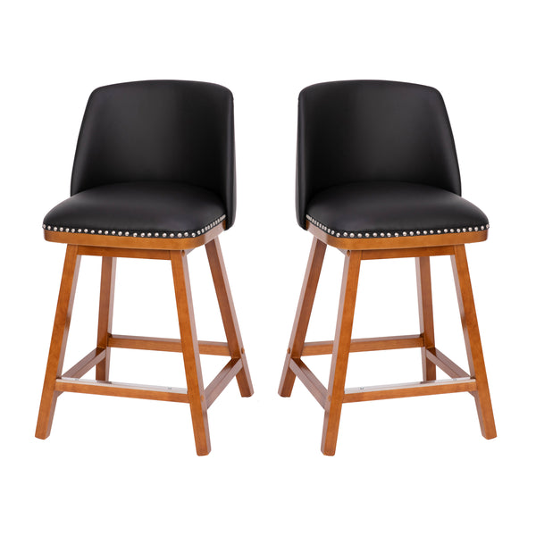 Black LeatherSoft |#| 2 PK Commercial Walnut Finish Wood Counter Stools - Nail Trim-Black LeatherSoft