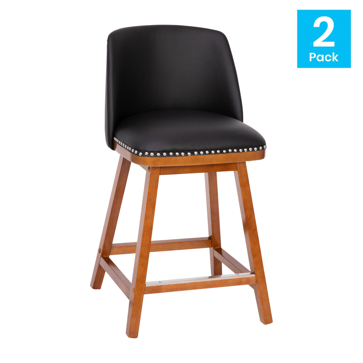 Black LeatherSoft |#| 2 PK Commercial Walnut Finish Wood Counter Stools - Nail Trim-Black LeatherSoft