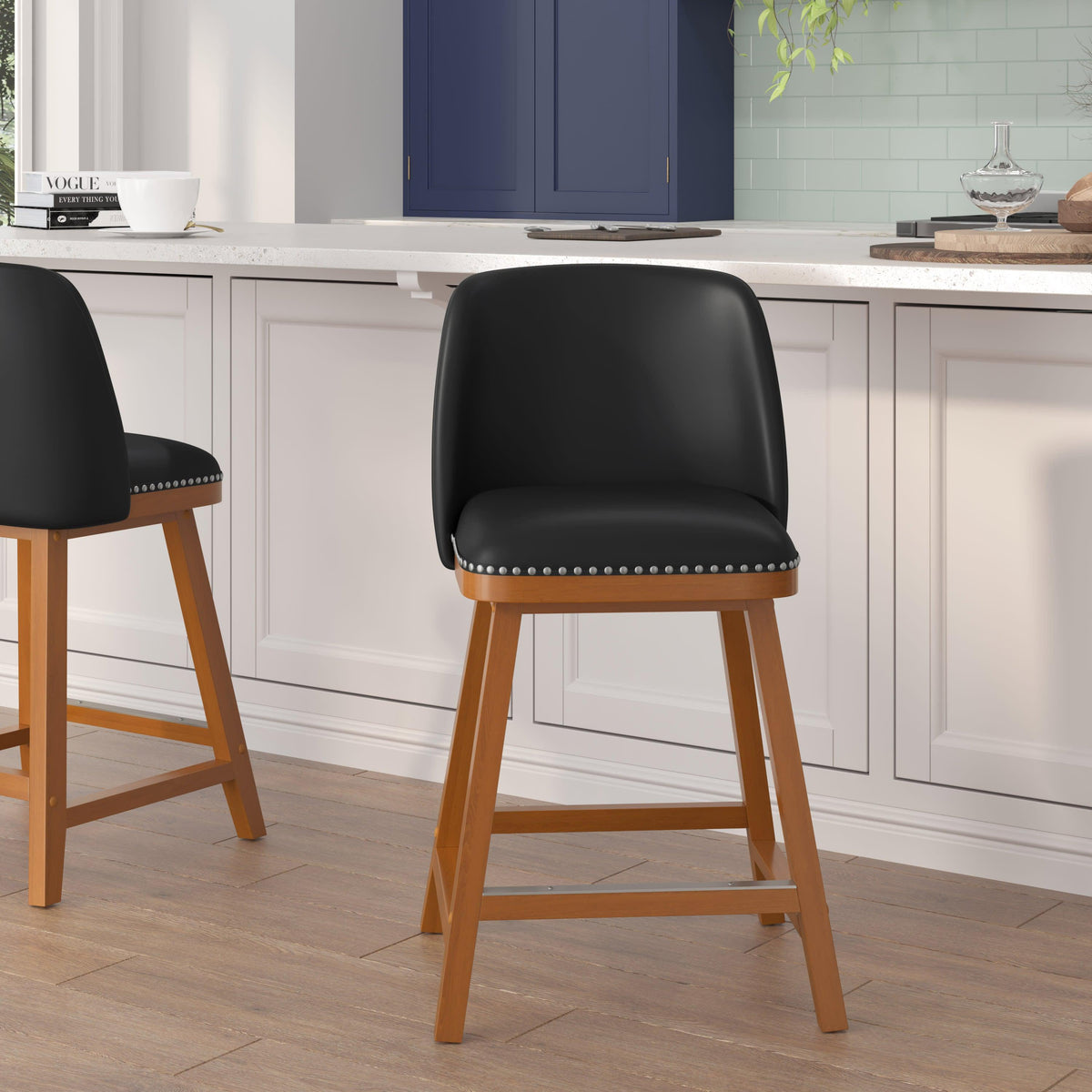 Black LeatherSoft |#| 2 PK Commercial Walnut Finish Wood Counter Stools - Nail Trim-Black LeatherSoft