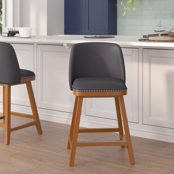 Gray LeatherSoft |#| 2 PK Commercial Walnut Finish Wood Counter Stools - Nail Trim-Gray LeatherSoft