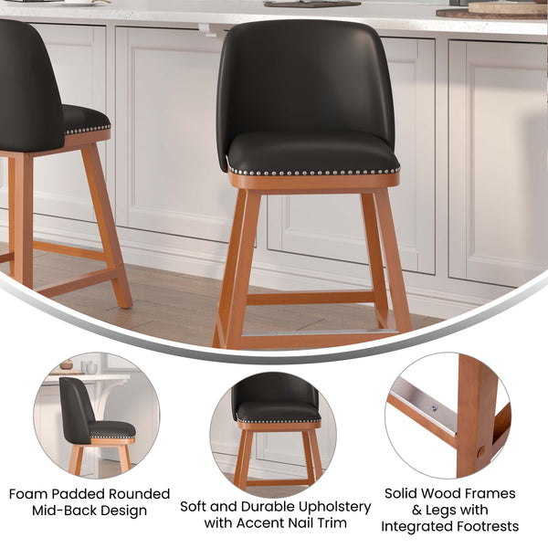 Black LeatherSoft |#| 2 PK Commercial Walnut Finish Wood Counter Stools - Nail Trim-Black LeatherSoft