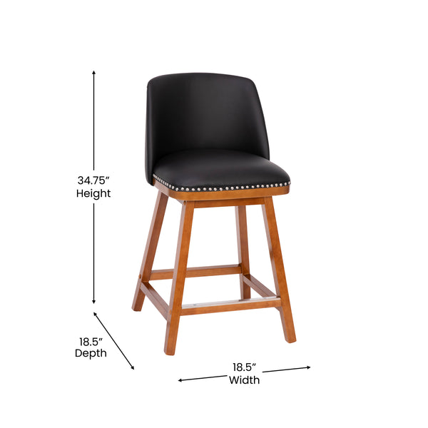 Black LeatherSoft |#| 2 PK Commercial Walnut Finish Wood Counter Stools - Nail Trim-Black LeatherSoft