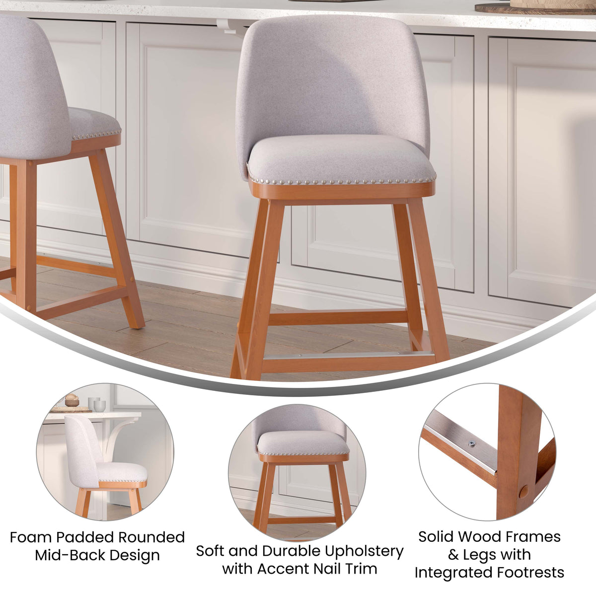 Gray Faux Linen |#| 2 Pack Commercial Walnut Finish Wood Counter Stools - Gray Faux Linen