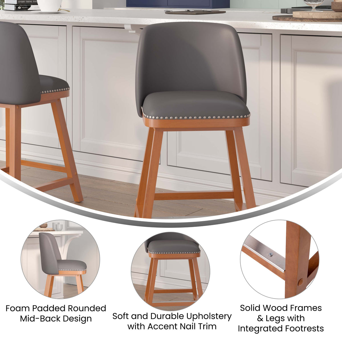 Gray LeatherSoft |#| 2 PK Commercial Walnut Finish Wood Counter Stools - Nail Trim-Gray LeatherSoft