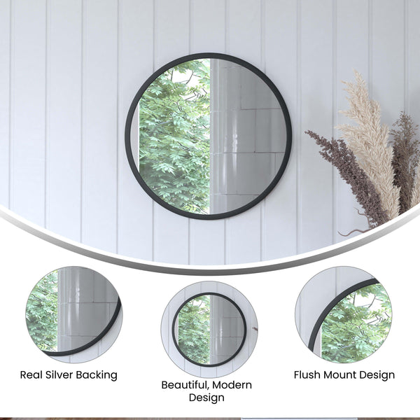 Black,16inch Round |#| Wall Mount 16 Inch Shatterproof Round Accent Wall Mirror with Black Metal Frame