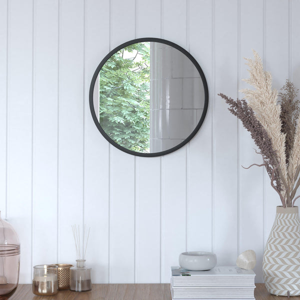 Black,16inch Round |#| Wall Mount 16 Inch Shatterproof Round Accent Wall Mirror with Black Metal Frame