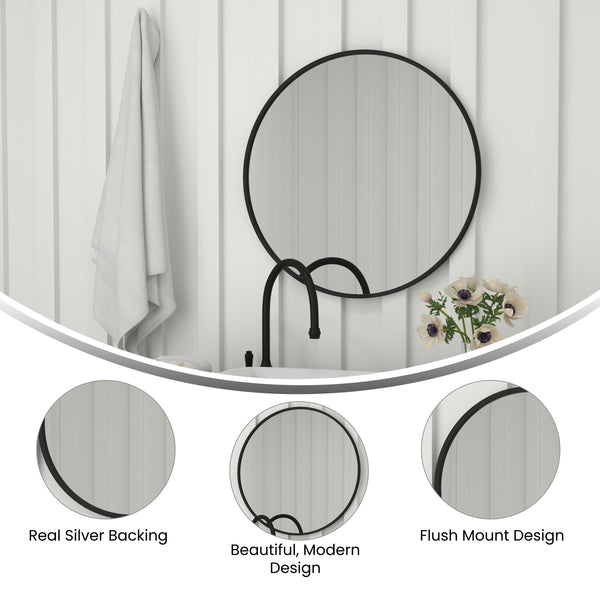 Black,30inch Round |#| Wall Mount 30 Inch Shatterproof Round Accent Wall Mirror with Black Metal Frame