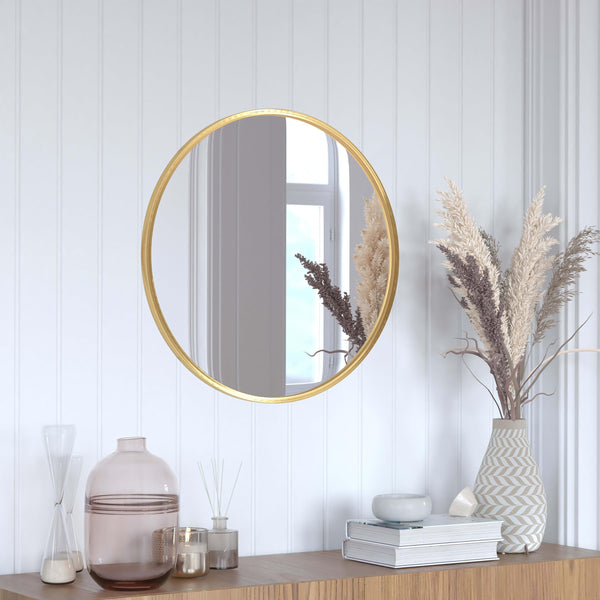 Gold,24inch Round |#| Wall Mount 24 Inch Shatterproof Round Accent Wall Mirror with Gold Metal Frame