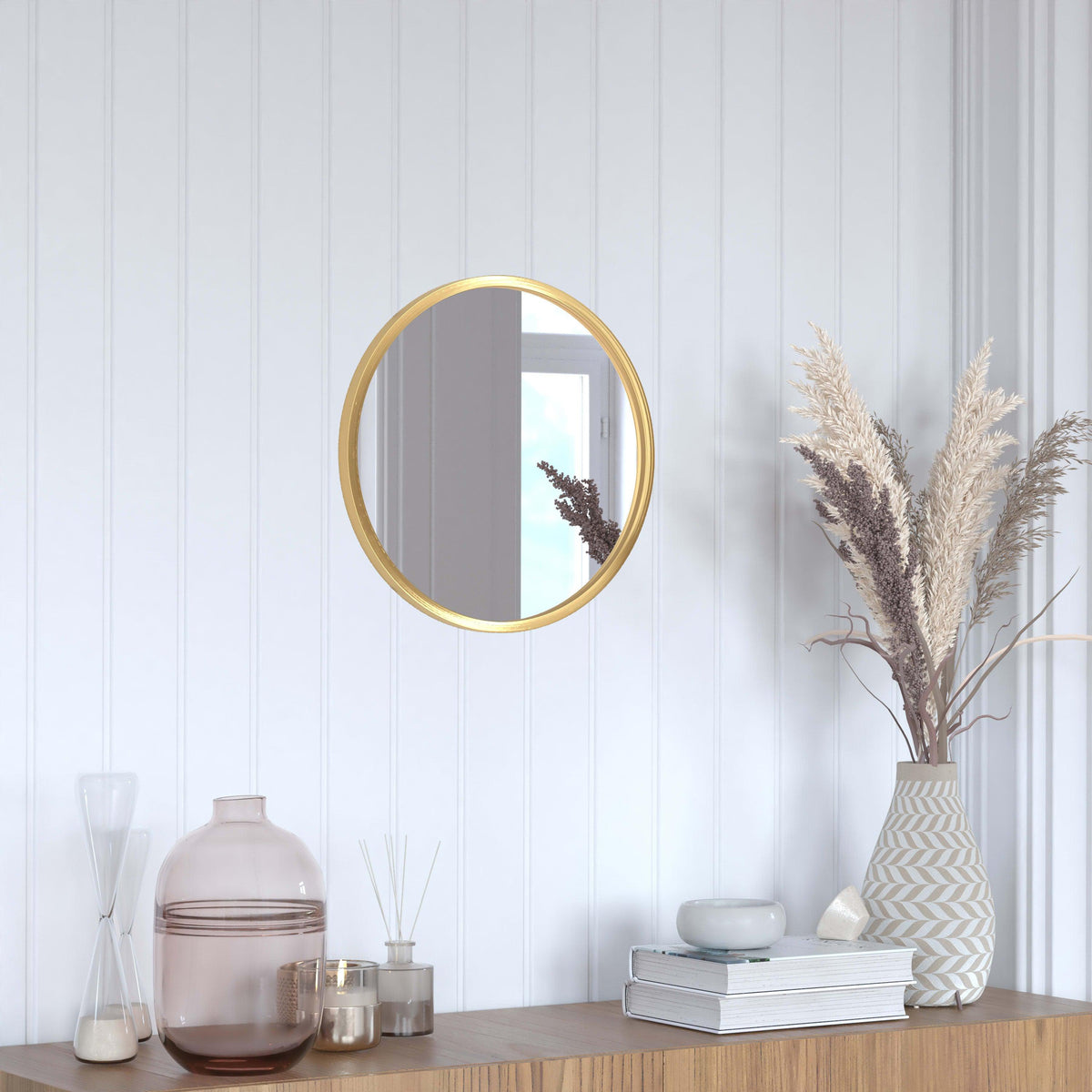 Gold,16inch Round |#| Wall Mount 16 Inch Shatterproof Round Accent Wall Mirror with Gold Metal Frame