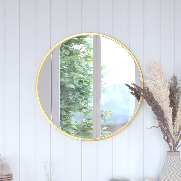 Gold,24inch Round |#| Wall Mount 24 Inch Shatterproof Round Accent Wall Mirror with Gold Metal Frame