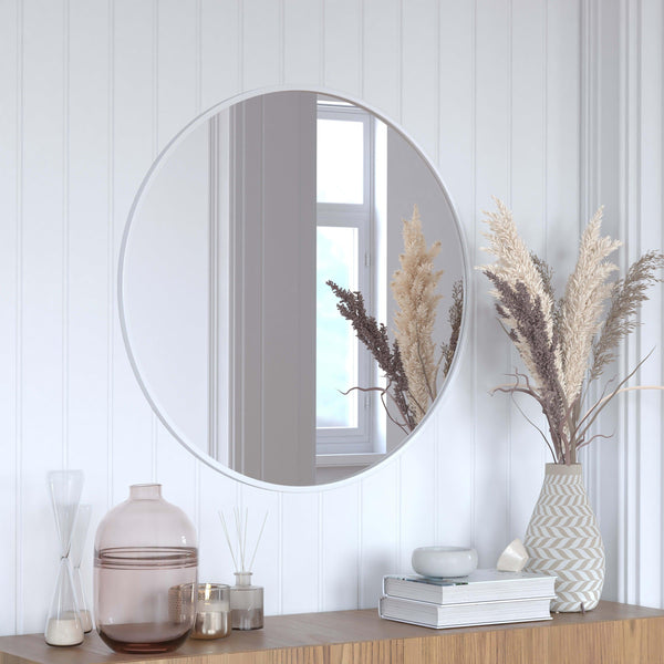 Silver,30inch Round |#| Wall Mount 30 Inch Shatterproof Round Accent Wall Mirror with Silver Metal Frame