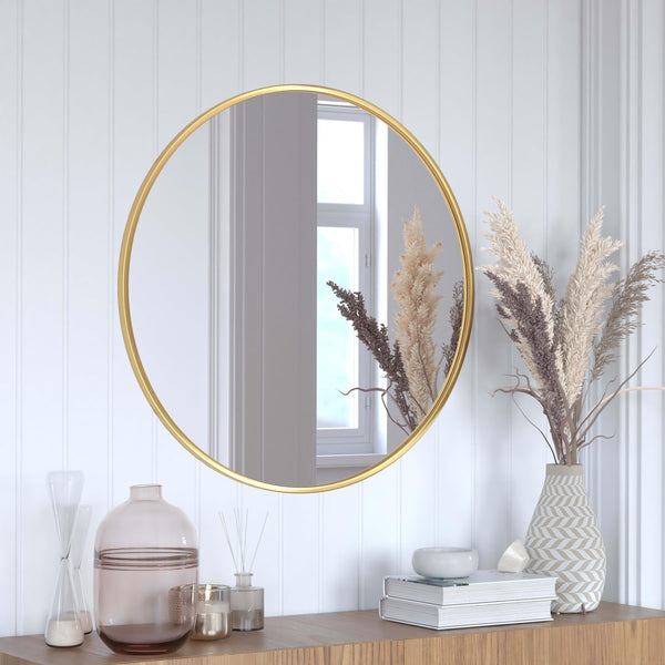 Gold,30inch Round |#| Wall Mount 30 Inch Shatterproof Round Accent Wall Mirror with Gold Metal Frame
