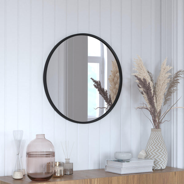 Black,24inch Round |#| Wall Mount 24 Inch Shatterproof Round Accent Wall Mirror with Black Metal Frame
