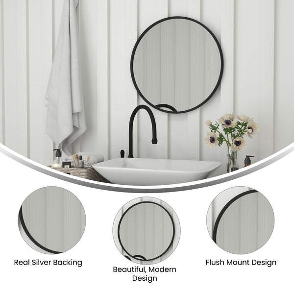 Black,24inch Round |#| Wall Mount 24 Inch Shatterproof Round Accent Wall Mirror with Black Metal Frame