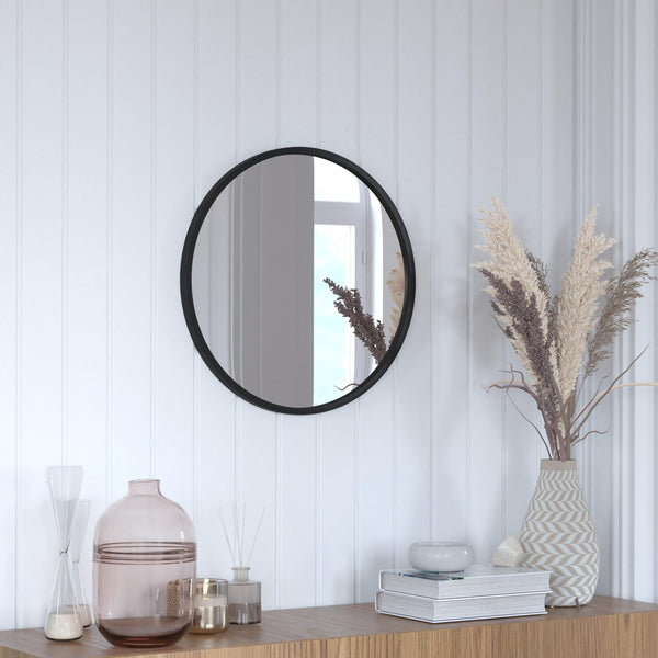Black,20inch Round |#| Wall Mount 20 Inch Shatterproof Round Accent Wall Mirror with Black Metal Frame