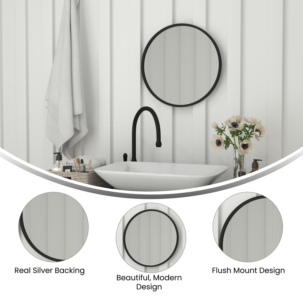 Black,20inch Round |#| Wall Mount 20 Inch Shatterproof Round Accent Wall Mirror with Black Metal Frame