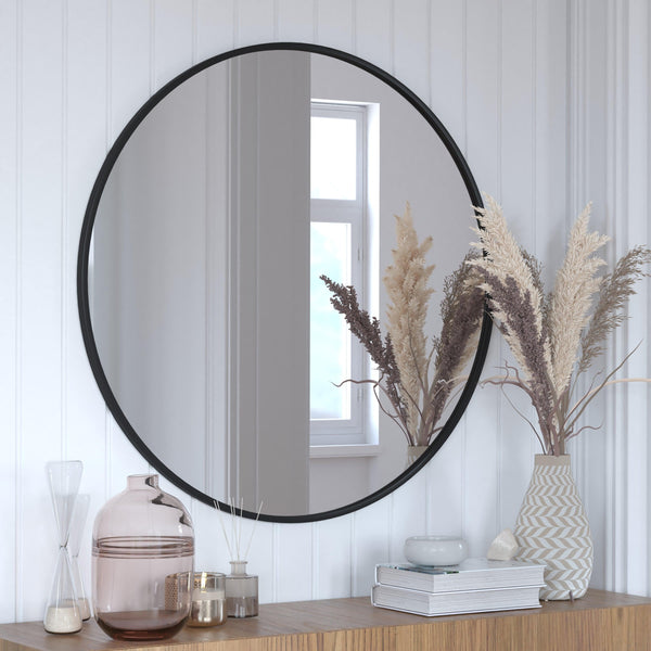 Black,36inch Round |#| Wall Mount 36 Inch Shatterproof Round Accent Wall Mirror with Black Metal Frame