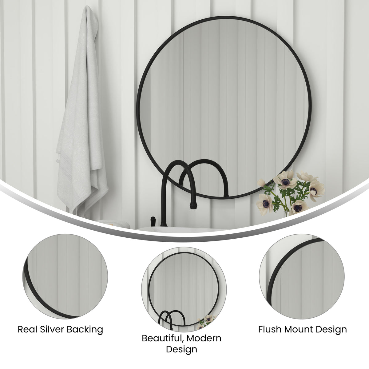 Black,36inch Round |#| Wall Mount 36 Inch Shatterproof Round Accent Wall Mirror with Black Metal Frame