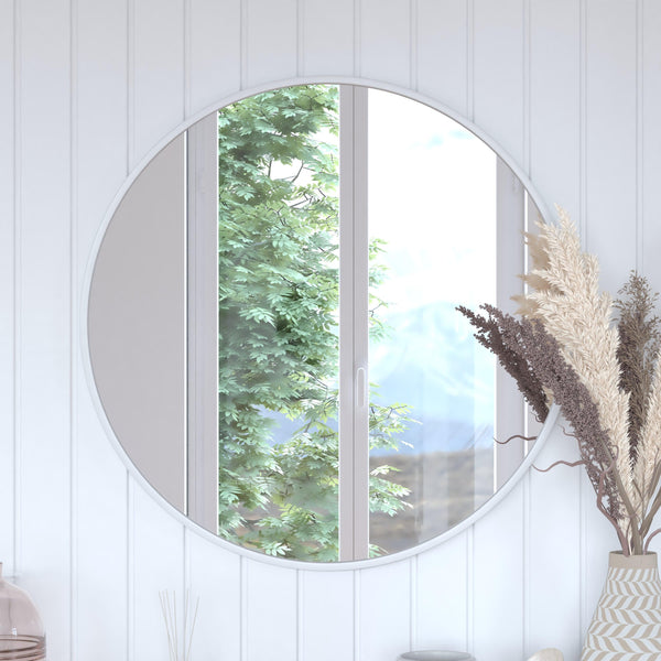Silver,30inch Round |#| Wall Mount 30 Inch Shatterproof Round Accent Wall Mirror with Silver Metal Frame