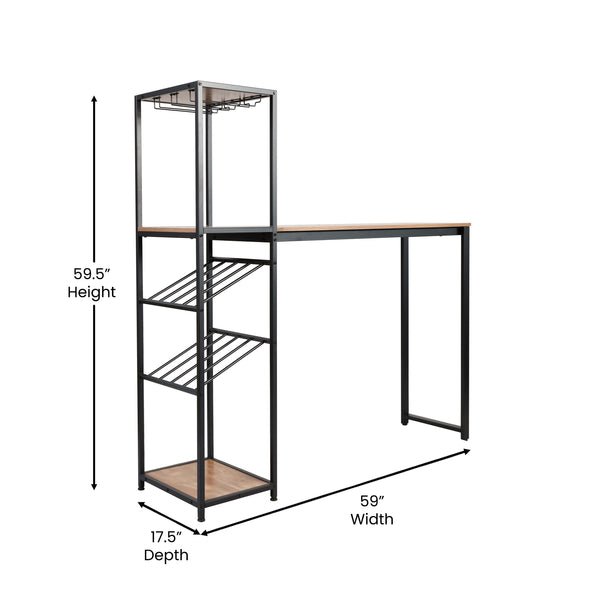 Light Brown Top/Black Frame |#| Modern Metal Bar Table with Bottle and Stemware Storage - Black/Light Brown