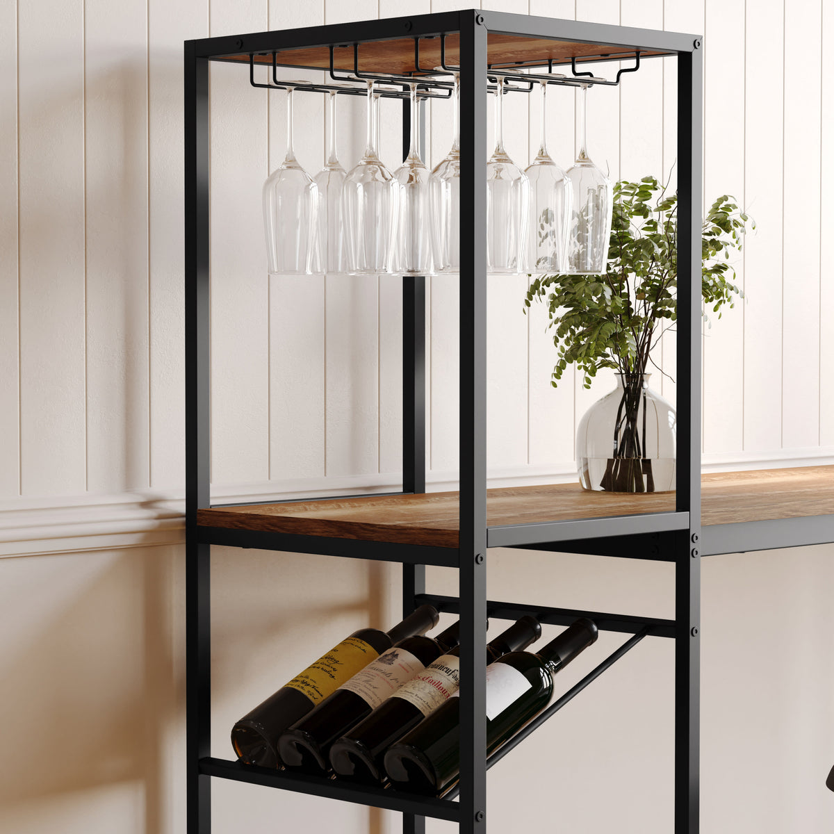 Light Brown Top/Black Frame |#| Modern Metal Bar Table with Bottle and Stemware Storage - Black/Light Brown