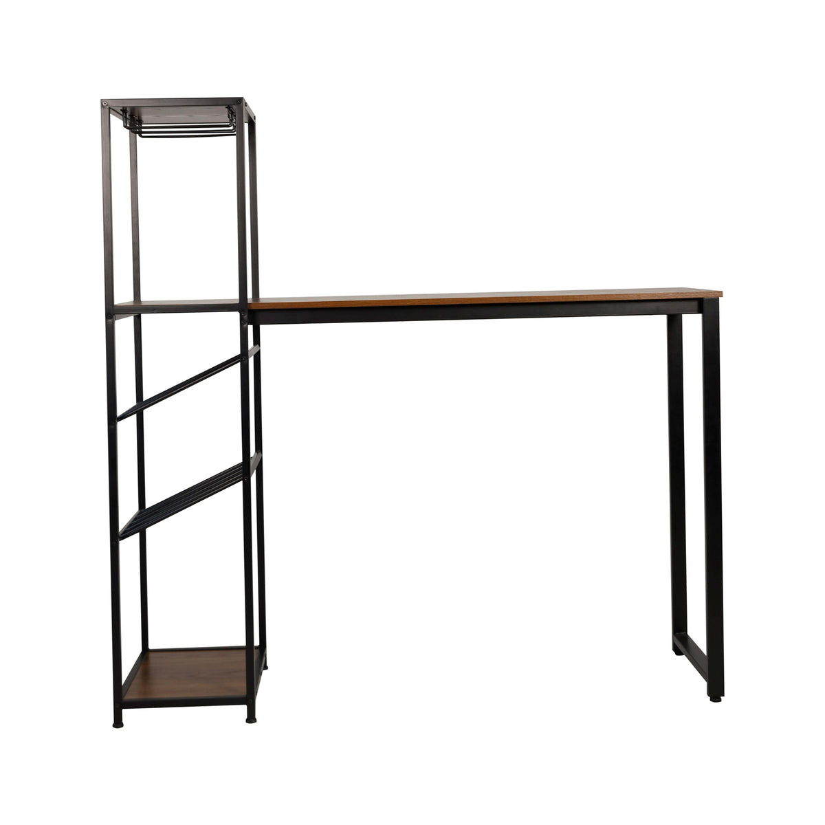 Walnut Top/Black Frame |#| Modern Metal Bar Table with Bottle and Stemware Storage - Black/Walnut