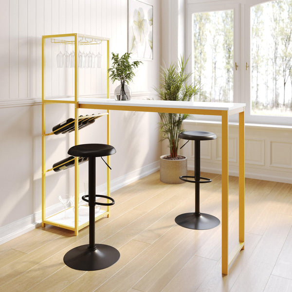 Faux Marble Top/Gold Frame |#| Modern Metal Bar Table with Bottle and Stemware Storage - Gold/Faux Marble