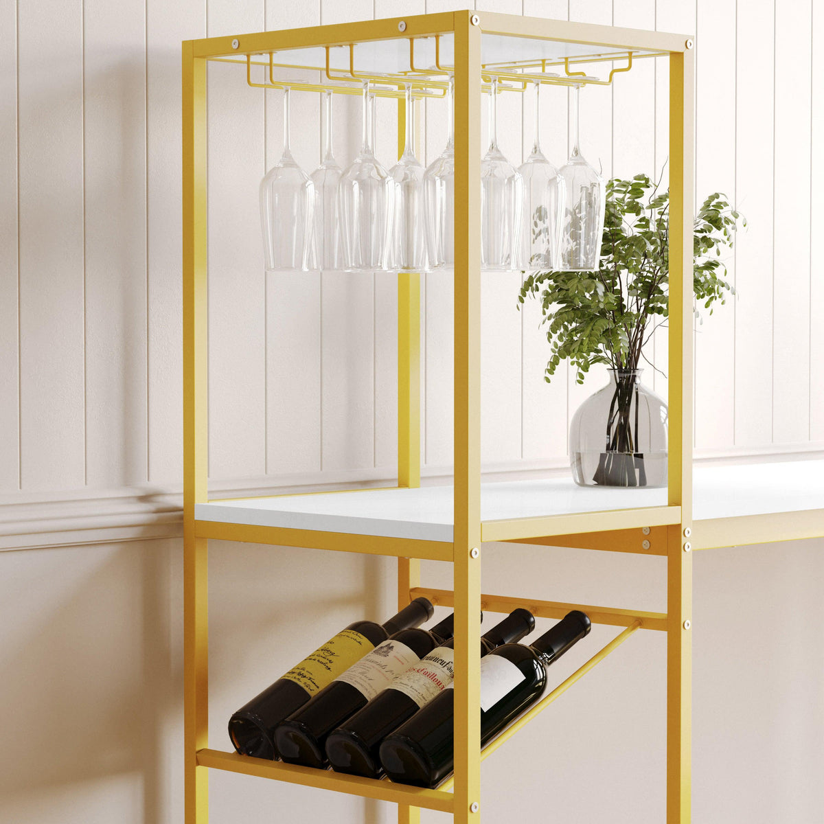 Faux Marble Top/Gold Frame |#| Modern Metal Bar Table with Bottle and Stemware Storage - Gold/Faux Marble