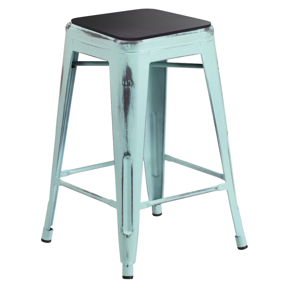 Black Seat/Green-Blue Frame |#| Indoor/Outdoor Backless Counter Stool with Poly Seat - Green Blue/Black