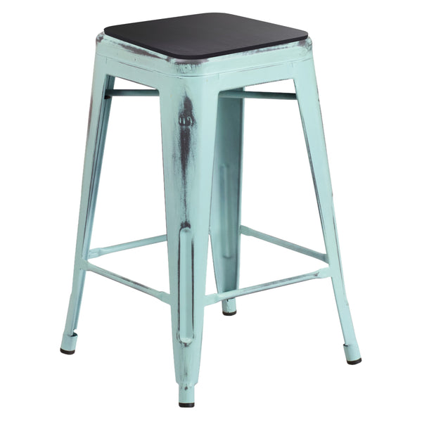 Gray Seat/Green-Blue Frame |#| Indoor/Outdoor Backless Counter Stool with Poly Seat - Green Blue/Gray