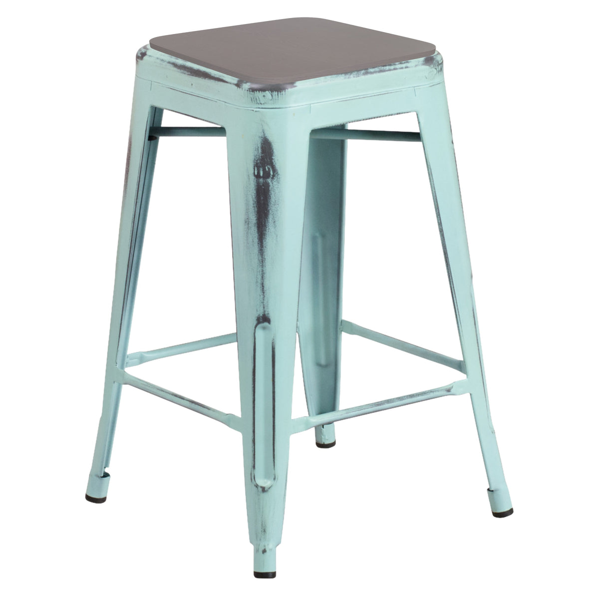 Gray Seat/Green-Blue Frame |#| Indoor/Outdoor Backless Counter Stool with Poly Seat - Green Blue/Gray