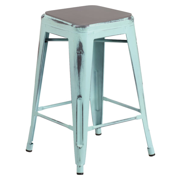 Black Seat/Kelly Blue-Teal Frame |#| Indoor/Outdoor Backless Counter Stool with Poly Seat - Kelly Blue-Teal/Black