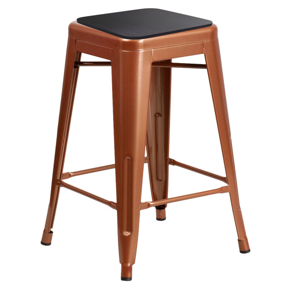 Teak Seat/Copper Frame |#| Indoor/Outdoor Kai Commercial Backless Bar Stools with Poly Seats - Copper/Teak