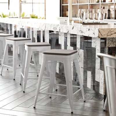 Kai Commercial Grade 24" High Backless Metal Indoor-Outdoor Counter Height Stool with Poly Resin Wood Seat - View 2