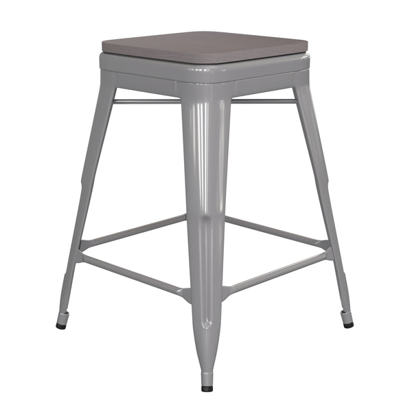 Silver/Gray |#| Indoor/Outdoor Backless Counter Stool with Poly Seat - Silver/Gray