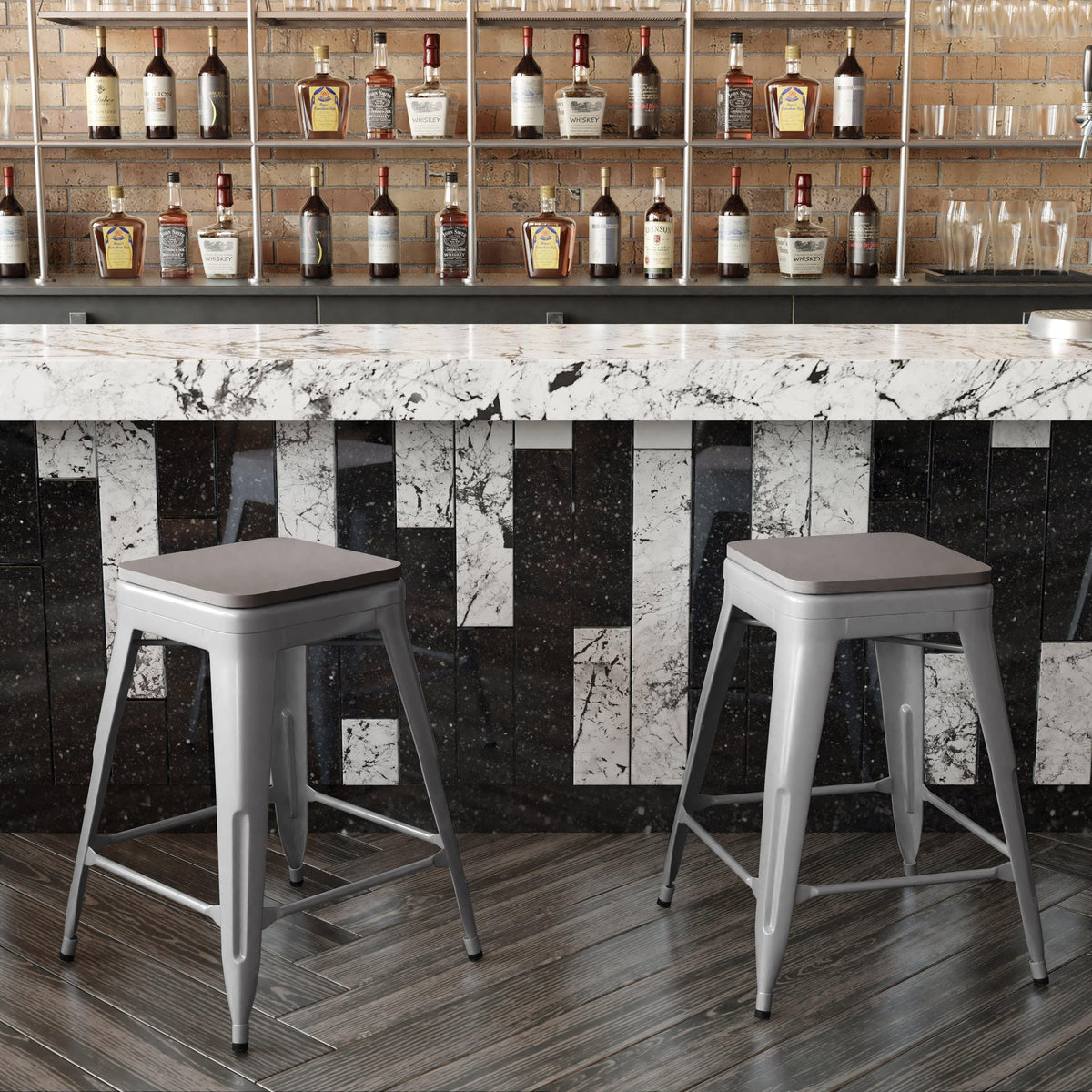 Silver/Gray |#| Indoor/Outdoor Backless Counter Stool with Poly Seat - Silver/Gray