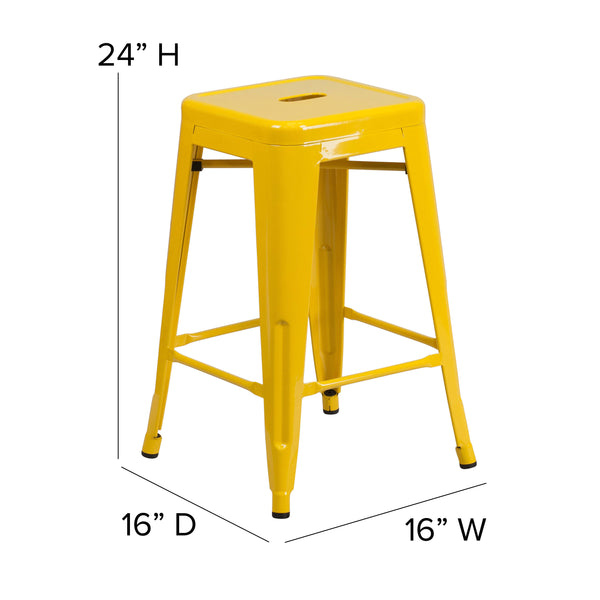 Yellow/Teak |#| Indoor/Outdoor Backless Counter Stool with Poly Seat - Yellow/Teak