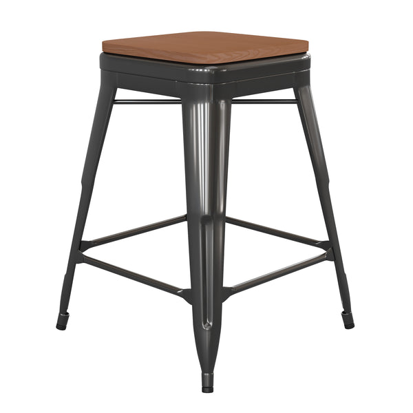 Black/Teak |#| Indoor/Outdoor Backless Counter Stool with Poly Seat - Black/Teak