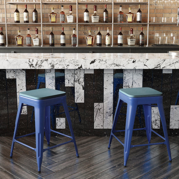 Blue/Teal-Blue |#| Indoor/Outdoor Backless Counter Stool with Poly Seat - Blue/Teal-Blue