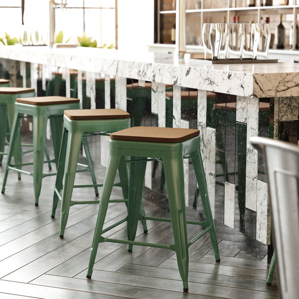 Green/Teak |#| Indoor/Outdoor Backless Counter Stool with Poly Seat - Green/Teak