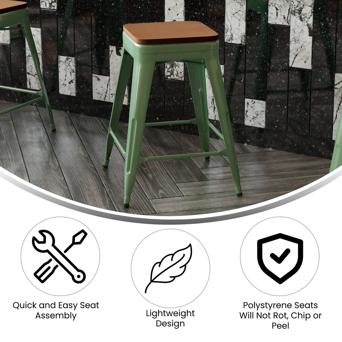 Green/Teak |#| Indoor/Outdoor Backless Counter Stool with Poly Seat - Green/Teak